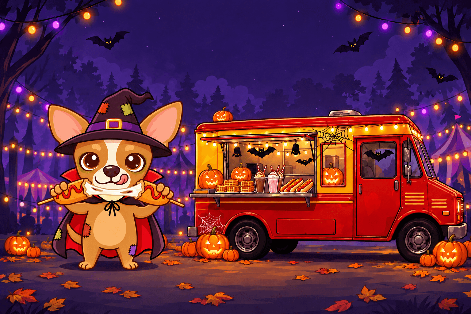Ronny vestido de hechicero con sombrero morado y capa, sosteniendo un antojo con queso junto al food truck rojo decorado con calabazas, telarañas y murciélagos de Halloween
