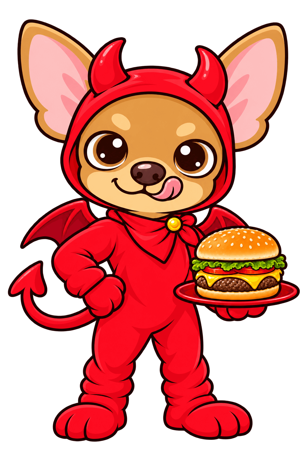 Ronny café de diablito rojo, de pie con ambas patas en el suelo y una hamburguesa a la altura de la cintura