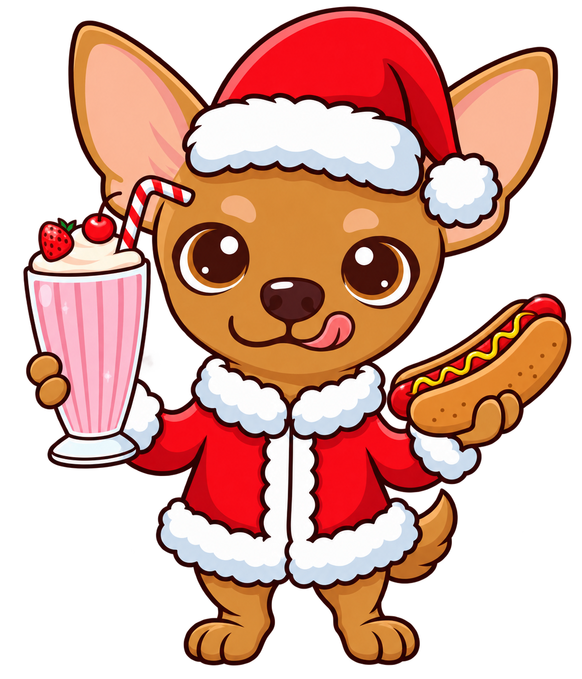 Ronny café vestido de Santa con una malteada de fresa y un hot dog, adelanto de Navidad